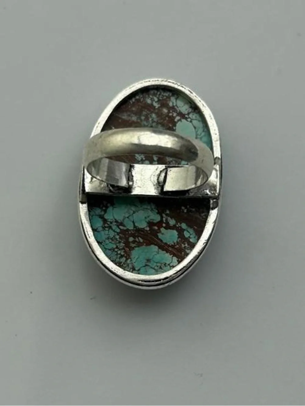 925 Silver Turquoise Matrix Oval Ring - Blue-Green and Brown